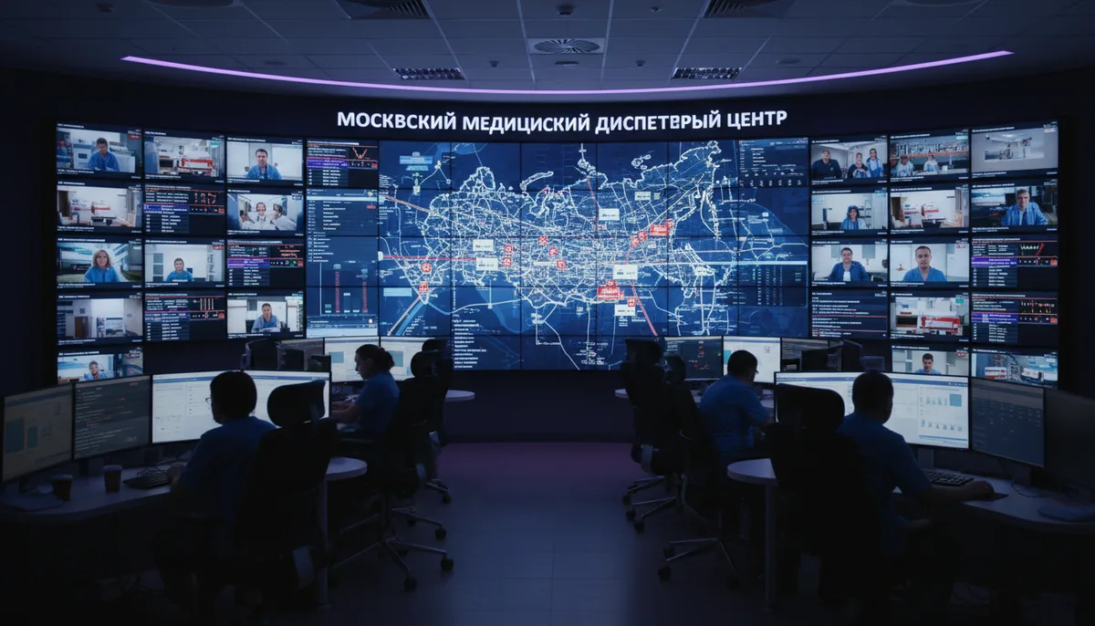 Современный медицинский диспетчерский центр, мониторы, карта Москвы, ночное освещение