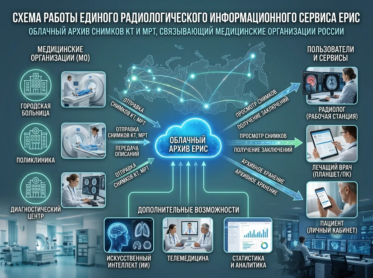 Схема работы единого радиологического информационного сервиса ЕРИС — облачный архив снимков КТ и МРТ, связывающий медицинские организации России