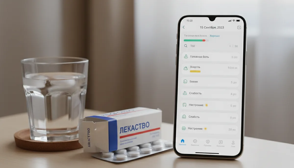 Экран смартфона с медицинским дневником самочувствия, рядом стакан воды и упаковка лекарств